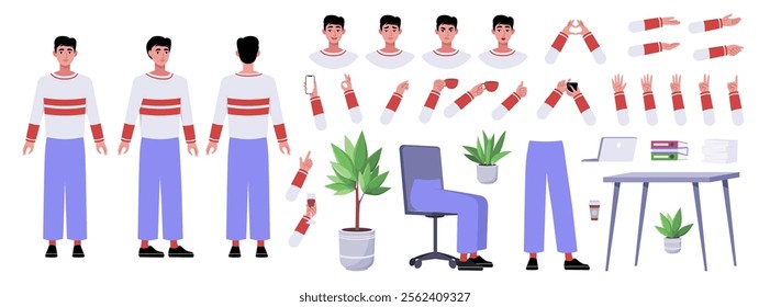 Character creator. Different types of man, a set of emotions, arms, legs, a table, a chair, a mug, indoor plants. A large group of elements on an isolated background. Vector set in a flat style