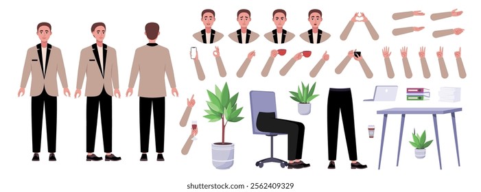 Character creator. Different types of man, a set of emotions, arms, legs, a table, a chair, a mug, indoor plants. A large group of elements on an isolated background. Vector set in a flat style