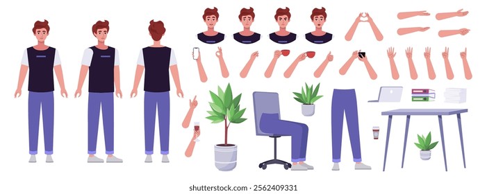 Character creator. Different types of man, a set of emotions, arms, legs, a table, a chair, a mug, indoor plants. A large group of elements on an isolated background. Vector set in a flat style