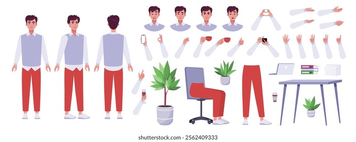 Character creator. Different types of man, a set of emotions, arms, legs, a table, a chair, a mug, indoor plants. A large group of elements on an isolated background. Vector set in a flat style