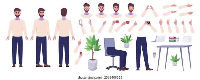 Character creator. Different types of man, a set of emotions, arms, legs, a table, a chair, a mug, indoor plants. A large group of elements on an isolated background. Vector set in a flat style