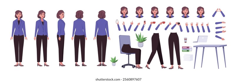 Character creator. Different types of woman, a set of emotions, arms, legs, a table, a chair, a mug, indoor plants. A large group of elements on an isolated background. Vector set in a flat style