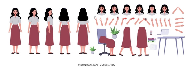 Character creator. Different types of woman, a set of emotions, arms, legs, a table, a chair, a mug, indoor plants. A large group of elements on an isolated background. Vector set in a flat style