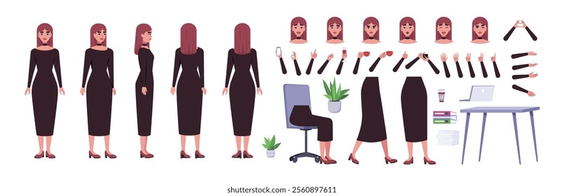 Character creator. Different types of woman, a set of emotions, arms, legs, a table, a chair, a mug, indoor plants. A large group of elements on an isolated background. Vector set in a flat style