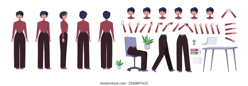 Character creator. Different types of woman, a set of emotions, arms, legs, a table, a chair, a mug, indoor plants. A large group of elements on an isolated background. Vector set in a flat style