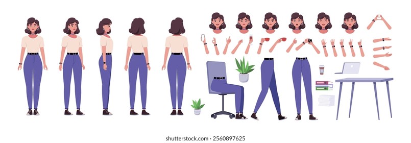 Character creator. Different types of woman, a set of emotions, arms, legs, a table, a chair, a mug, indoor plants. A large group of elements on an isolated background. Vector set in a flat style