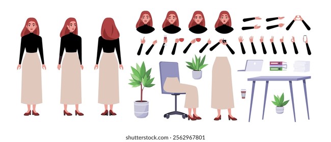 Character creator. Different types of woman, a set of emotions, arms, legs, a table, a chair, a mug, indoor plants. A large group of elements on an isolated background. Vector set in a flat style