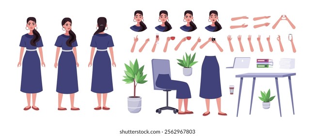 Character creator. Different types of woman, a set of emotions, arms, legs, a table, a chair, a mug, indoor plants. A large group of elements on an isolated background. Vector set in a flat style