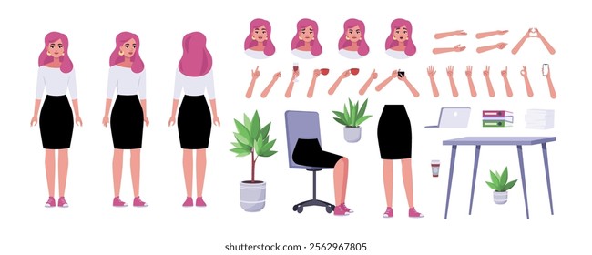 Character creator. Different types of woman, a set of emotions, arms, legs, a table, a chair, a mug, indoor plants. A large group of elements on an isolated background. Vector set in a flat style