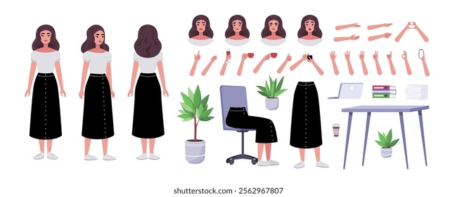 Character creator. Different types of woman, a set of emotions, arms, legs, a table, a chair, a mug, indoor plants. A large group of elements on an isolated background. Vector set in a flat style