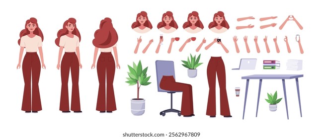 Character creator. Different types of woman, a set of emotions, arms, legs, a table, a chair, a mug, indoor plants. A large group of elements on an isolated background. Vector set in a flat style