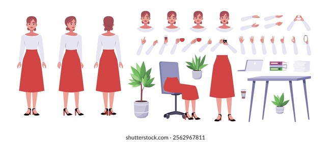 Character creator. Different types of woman, a set of emotions, arms, legs, a table, a chair, a mug, indoor plants. A large group of elements on an isolated background. Vector set in a flat style