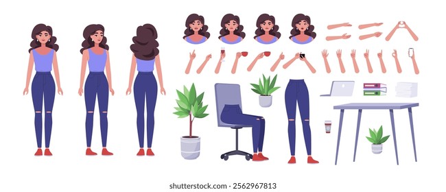 Character creator. Different types of woman, a set of emotions, arms, legs, a table, a chair, a mug, indoor plants. A large group of elements on an isolated background. Vector set in a flat style