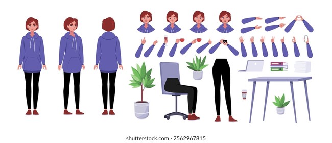 Character creator. Different types of woman, a set of emotions, arms, legs, a table, a chair, a mug, indoor plants. A large group of elements on an isolated background. Vector set in a flat style