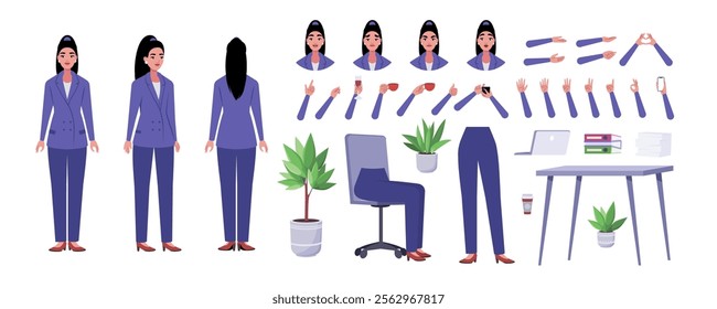 Character creator. Different types of woman, a set of emotions, arms, legs, a table, a chair, a mug, indoor plants. A large group of elements on an isolated background. Vector set in a flat style