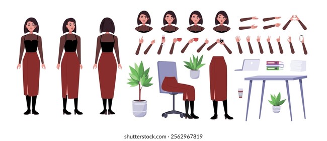 Character creator. Different types of woman, a set of emotions, arms, legs, a table, a chair, a mug, indoor plants. A large group of elements on an isolated background. Vector set in a flat style