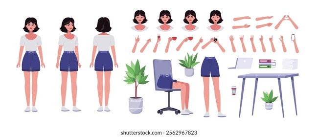 Character creator. Different types of woman, a set of emotions, arms, legs, a table, a chair, a mug, indoor plants. A large group of elements on an isolated background. Vector set in a flat style