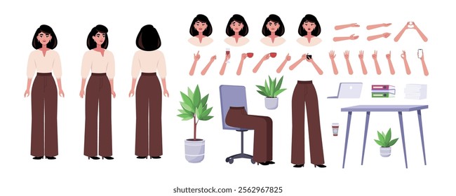 Character creator. Different types of woman, a set of emotions, arms, legs, a table, a chair, a mug, indoor plants. A large group of elements on an isolated background. Vector set in a flat style