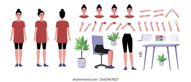 Character creator. Different types of woman, a set of emotions, arms, legs, a table, a chair, a mug, indoor plants. A large group of elements on an isolated background. Vector set in a flat style