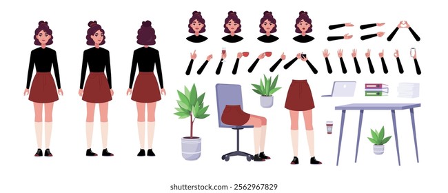 Character creator. Different types of woman, a set of emotions, arms, legs, a table, a chair, a mug, indoor plants. A large group of elements on an isolated background. Vector set in a flat style