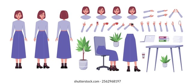 Character creator. Different types of woman, a set of emotions, arms, legs, a table, a chair, a mug, indoor plants. A large group of elements on an isolated background. Vector set in a flat style