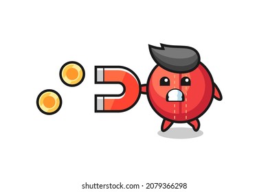 the character of cricket ball hold a magnet to catch the gold coins , cute style design for t shirt, sticker, logo element