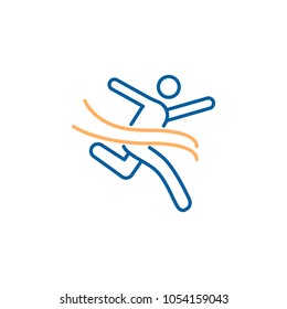 Character crossing the finish line. Vector trendy thin line icon illustration design for sports, business and personal development concepts related with winning, success and achievement.