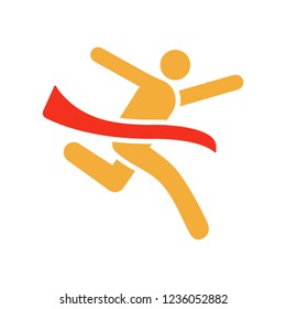 Character crossing the finish line. Vector trendy flat glyph icon illustration design for sports, business and personal development concepts related with winning, success and achievement.