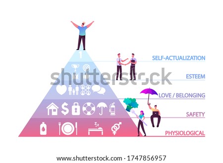 Character in Crown on Head on Top of Maslow Hierarchy Pyramid of Human Needs Separated on Sections Physiological, Safety, Love Belongings Esteem Self- Actualization. Cartoon People Vector Illustration