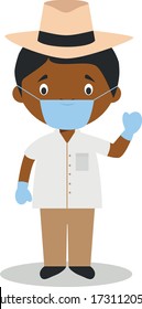 Character from Cuba dressed in the traditional way with a Panama hat and with surgical mask and latex gloves as protection against a health emergency