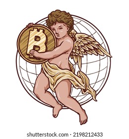 the character of cupid baby kid with bit coin crypto currency vector illustration