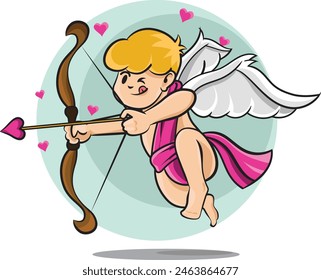 Character cupid valentines day. Cartoon angel shoots hearts from a bow. Romantic child heart hunter