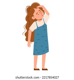 The character of the curly-haired girl looks into the distance.