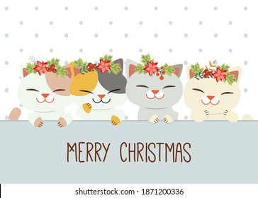 The character of cut cat and friends with christmas wreath like a crown in flat vector style. illustation about christmas and holiday for banner, content, graphic, greeting card.