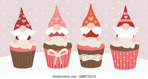 The character of cut gnomes with pink cupcake in flat vector style. illustation about love and valentine's day.