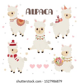 Die Sammlung süßer Alpaka auf weißem Hintergrund und Herz und Stern Set. Der Charakter der süßen Alpaca in jeder Aktion. ein bisschen Alpaca sitzt und steht. Die Alpaka tragen einen Hut und einen Winterhut.