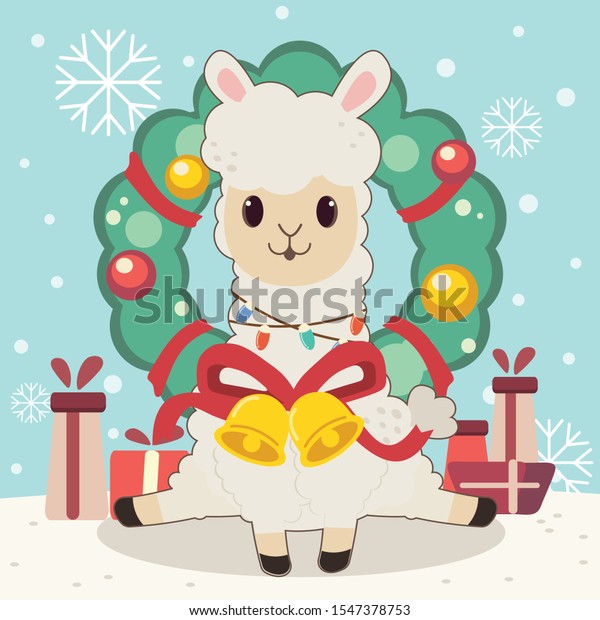 青の背景にかわいいアルパカのキャラクターで クリスマスリース ベル ギフトボックス 雪片 かわいいアルパカ はクリスマステーマで幸せそう 平らなベクター画像のかわいいアルパカの特徴 のベクター画像素材 ロイヤリティフリー