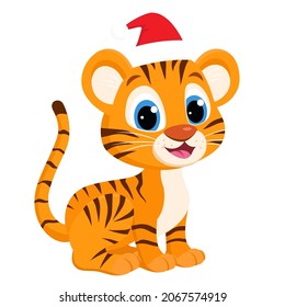 Character cute baby tiger wearing Santa hat, isolated on the white background