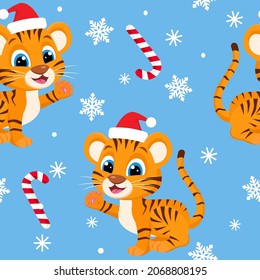 Character cute baby tiger wearing Santa hat seamless pattern