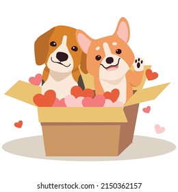 A Character of cute beagle and corgi with box and heart in flat vector style. Illustration about pet and animal.