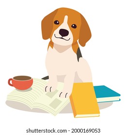 The character of cute beagle dog with pile of book and coffee of cup in flat vector style. illustation about edsucation and back to school 