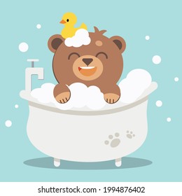 The character of cute bear with bathtub and duck rubber in flat vector style. illustation about healthcare and pet gromming.