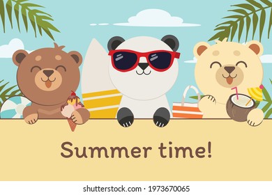 The character of cute bear with friends in the beach party for summer time in flat vector style. illustation about summer for banner, content, graphic, greeting card