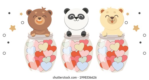 The character of cute bear garps a jar with the heart in flat vector style. The character of cute cat sitting in the transparent jar.