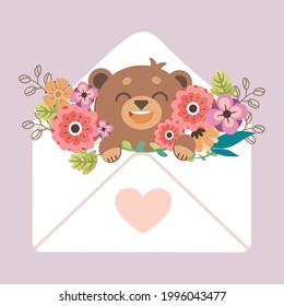 The character of cute bear in the letter and flower. illustation about wedding and greeting card.