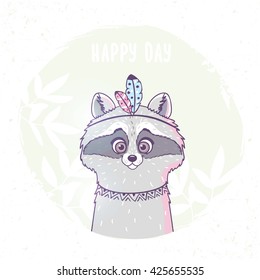 Character cute and beautiful funny ra?coon with feathers in ethnic style. Vector illustration