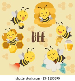 The character of cute bee with beehive ,flower , honey in flat vector style. Graphic resource about bee for  graphic,content , banner, sticker label and greeting card.