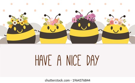 Der Charakter der süßen Biene mit Blumenkrone im flachen Vektorstil. Illustration über die Frühlingszeit für Banner, Aufkleber, Grußkarte.