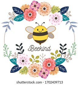 The character of cute bee with flower wreath on the in flat vector style. illustation of bee for content ,greeting card, graphic, etc.