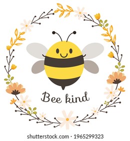 The character of cute bee and flower wreath in flat vector style. illustation about spring and wedding for greeting card.